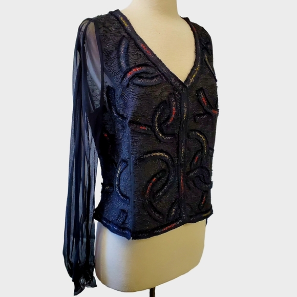 Lecoanet Hemant Paris 100% Silk Black Swirl Embroidered Crop Evening Jacket 44 M - Picture 12 of 13